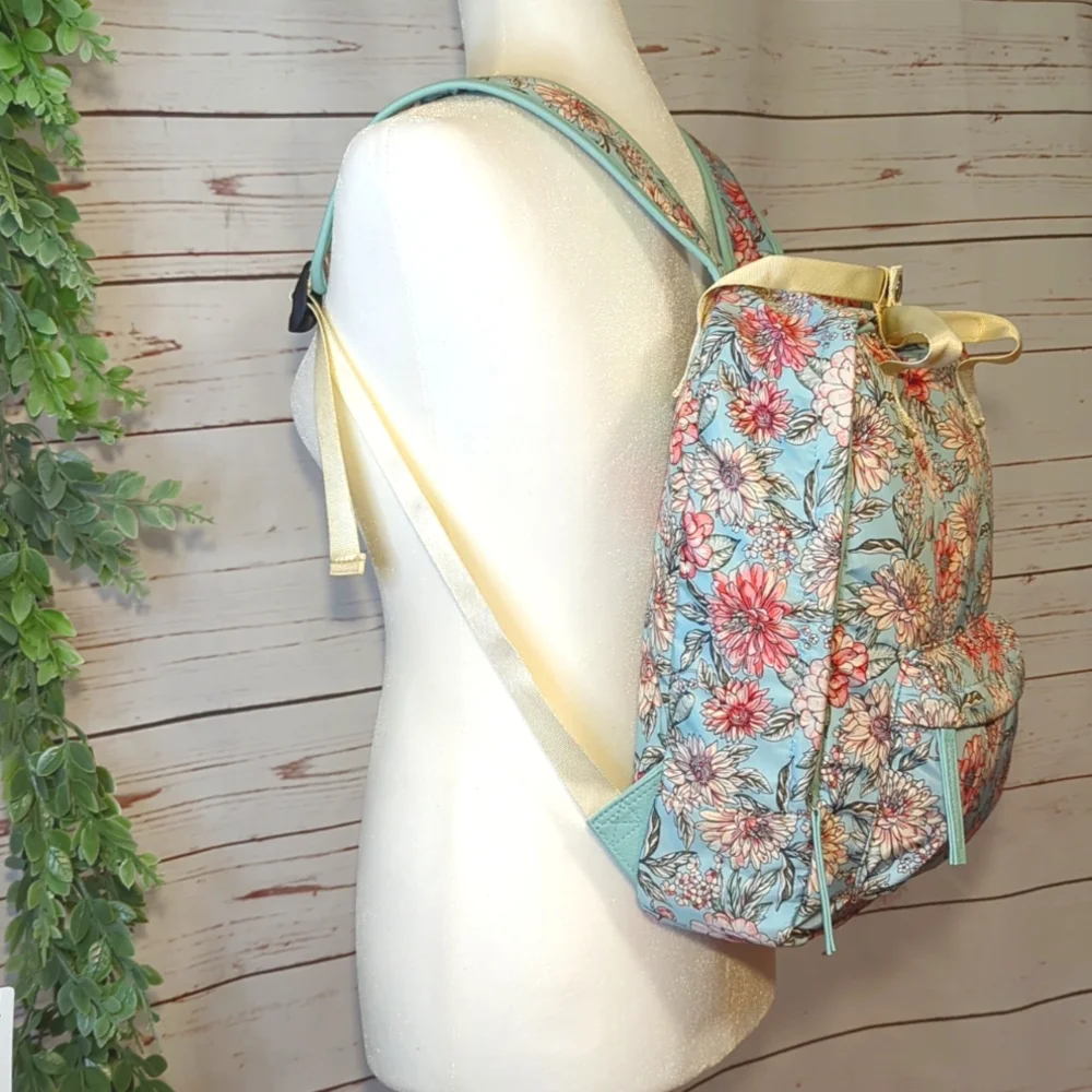 Chrysanthemum Floral Teal and Pink Women's Backpack Purse Satin Feminine Girly‎